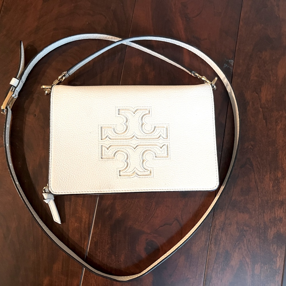 Tory Burch Harper Leather Crossbody Wallet, Ivory